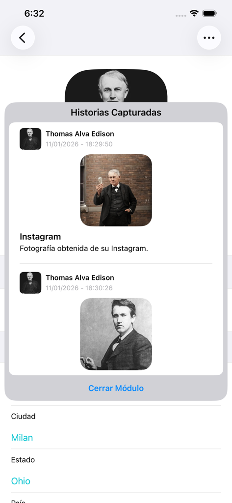 ContactLog - Interface of ContactLog app showing a list of captured photos and social media logs for a contact named Thomas Alva Edison