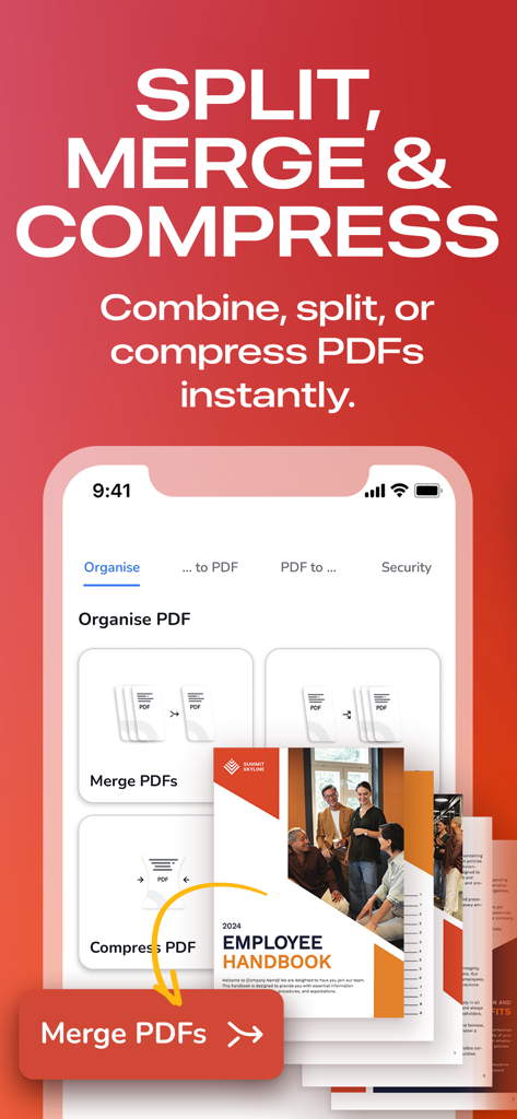 PDF文書を分割、結合、圧縮するオプションを示すモバイルアプリのインターフェース