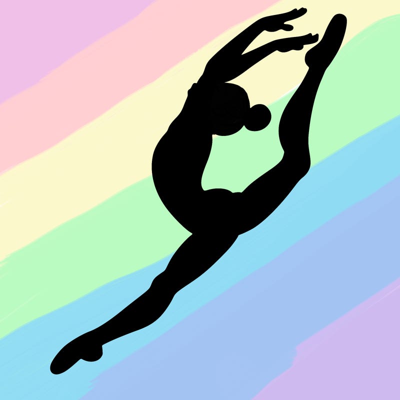gymnast doing a leap in a leotard with a bent back leg