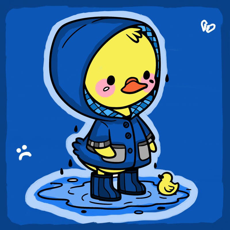baby duck in a rain coat and boots, in a puddle while it’s raining