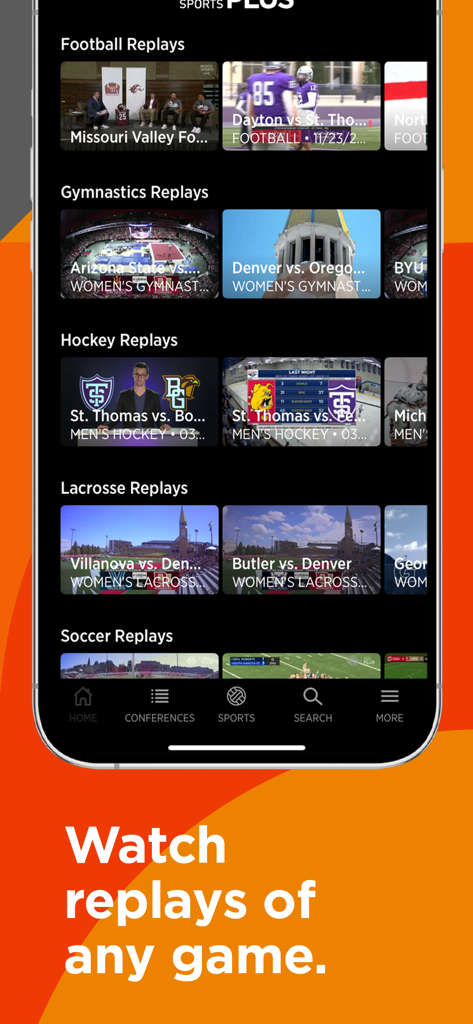 Midco Sports Plus app interface showing categories for college football hockey and gymnastics replays