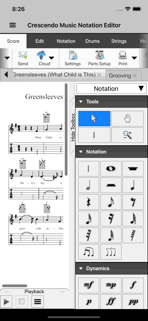 Crescendo Music - Oberfläche der Crescendo Music App, die Noten für "Greensleeves" mit Gitarrentabs und Notationswerkzeugen zeigt.