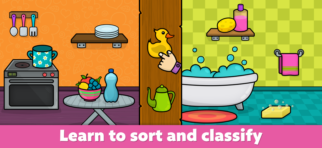 An educational game screen for toddlers showing how to sort and classify kitchen and bathroom objects