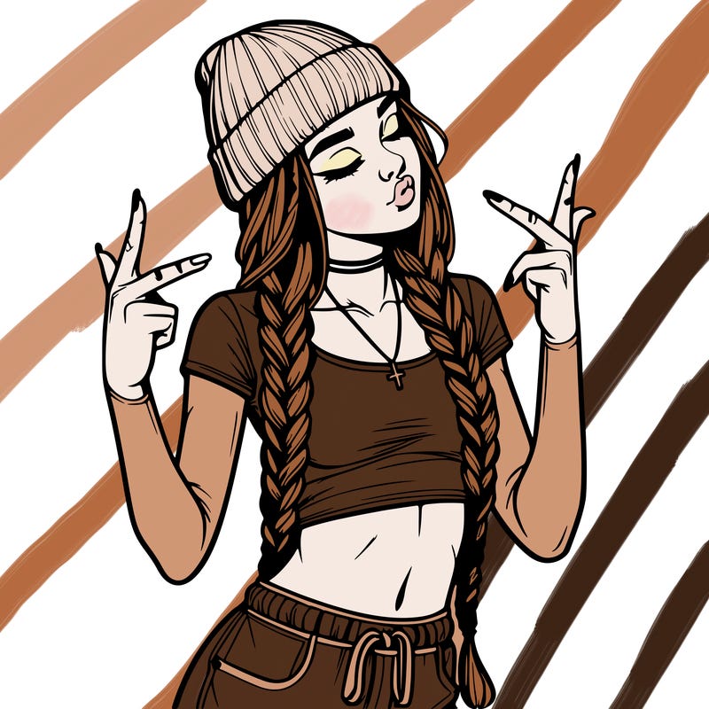 realistic teenage girl with braids and a beanie and crop top doing 🫶🏼
