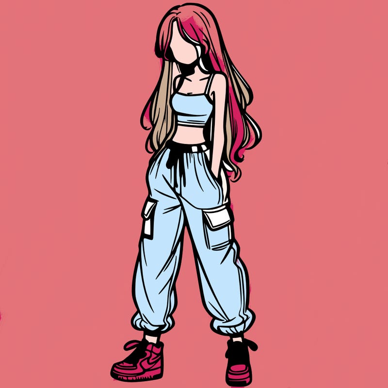 girl in baggy pants crop top and long hair