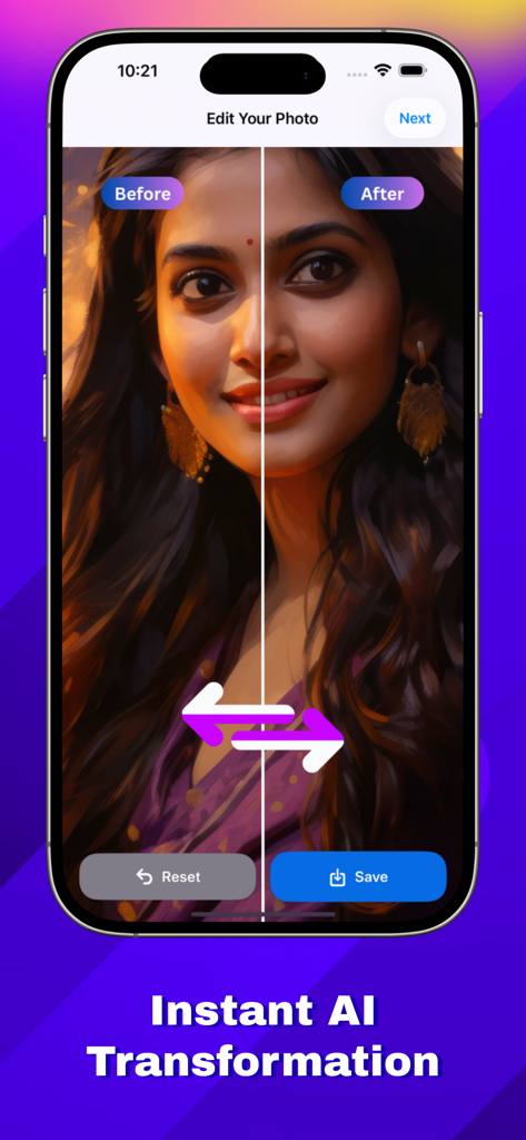 AI PhotoShot Magic - Comparación antes y después de una foto de retrato usando la transformación instantánea de AI PhotoShot Magic.