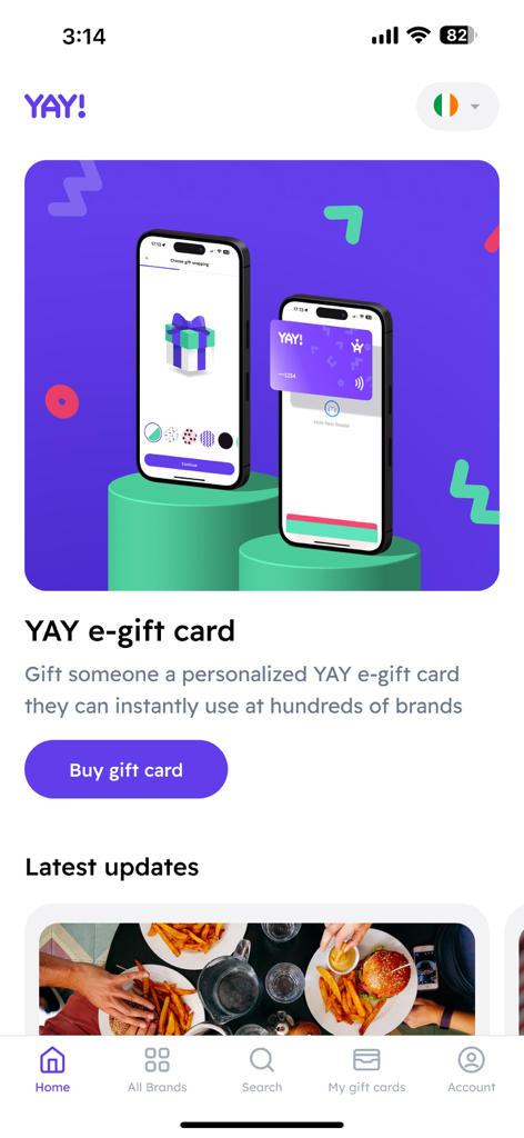 Écran d'accueil de l'application YAY Moments présentant des options de cartes cadeaux électroniques personnalisées