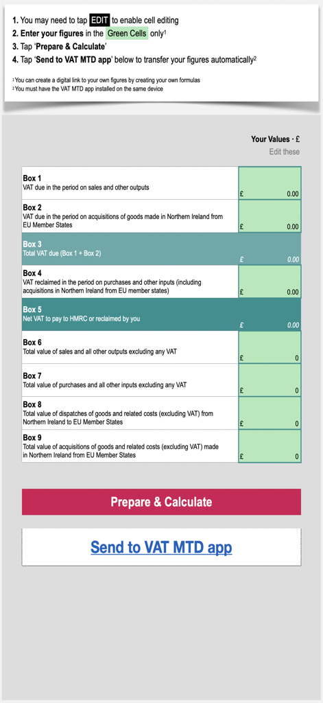 A mobile interface showing a 9-box UK VAT return form for HMRC submission.