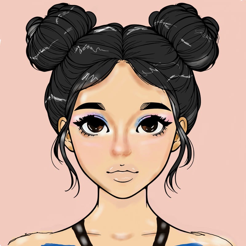realistic girl with two buns on top of her head