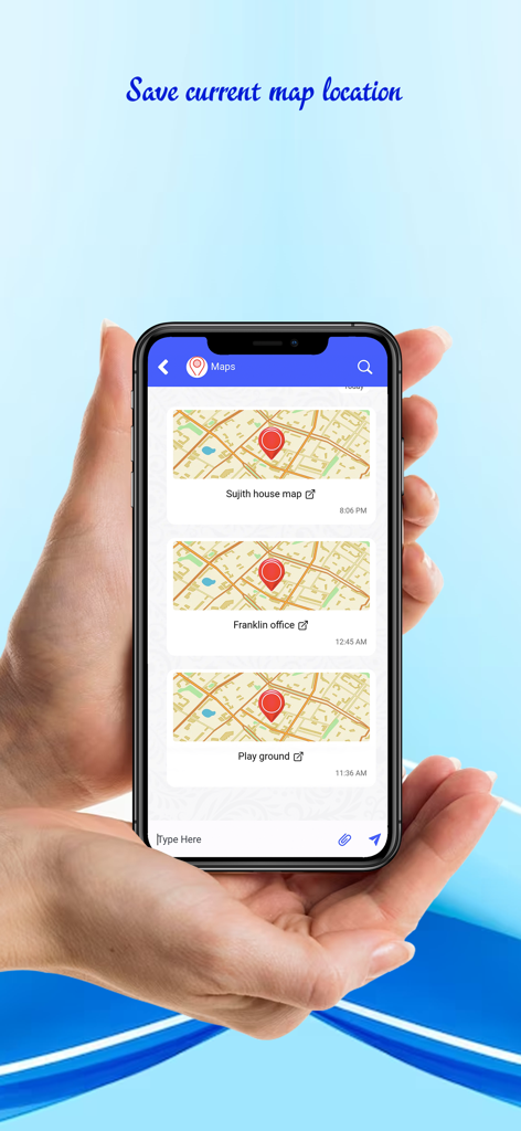 Open notes and reminder - Una interfaz móvil que muestra una lista estilo chat de ubicaciones de mapas guardadas con pines para casa, oficina y área de juegos