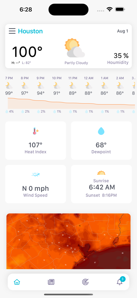 App Space City Weather che mostra la temperatura attuale di Houston e l'indice di calore