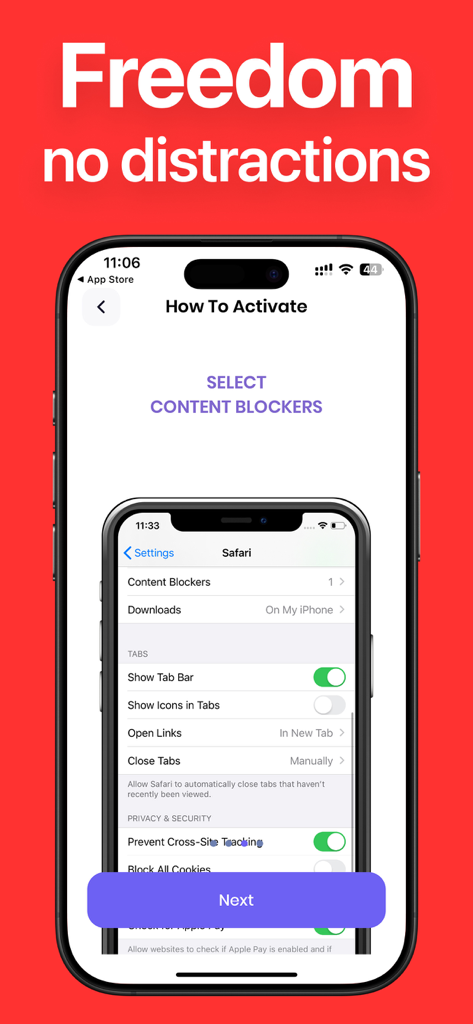 PornBlocker App - Instructional screen showing how to activate content blockers in Safari settings for the PornBlocker App.
