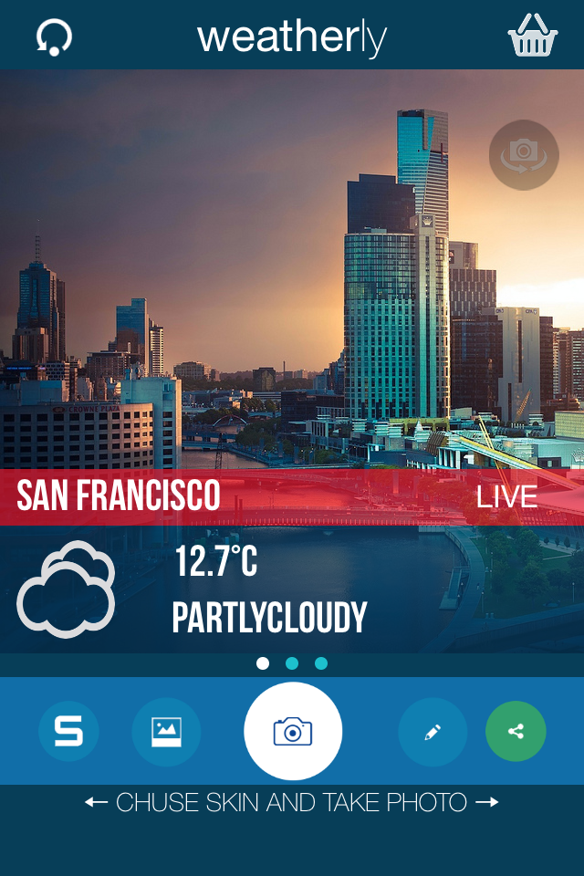Weatherly - Weatherly app interface showing San Francisco weather forecast of 12.7 degrees Celsius with a city skyline background