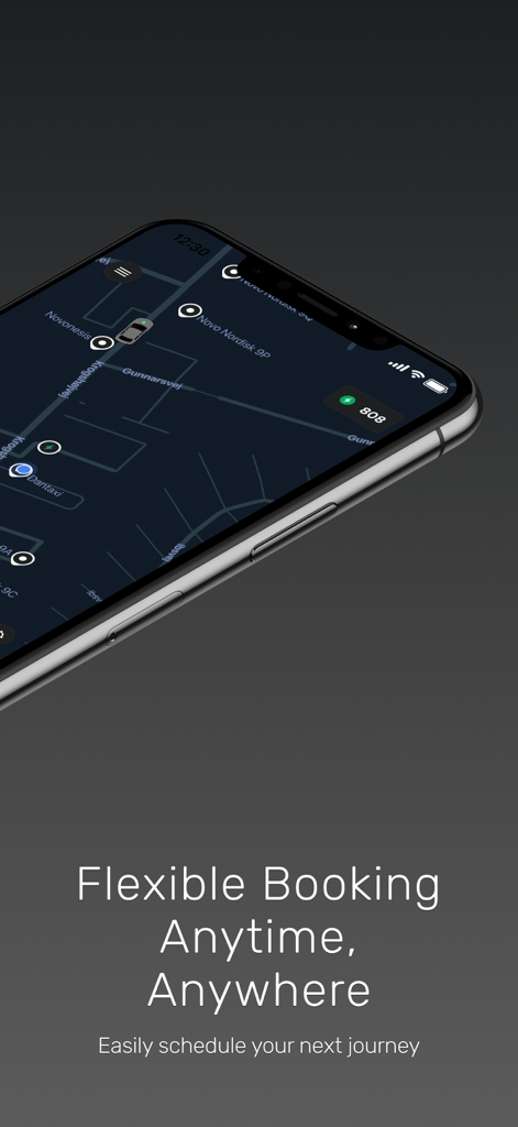 Dantaxi mobile app showing map view and flexible booking features