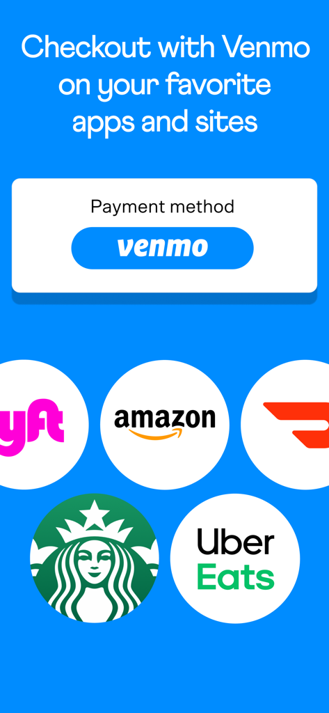 A graphic showing Venmo as a checkout payment option for apps like Amazon Lyft DoorDash Starbucks and Uber Eats