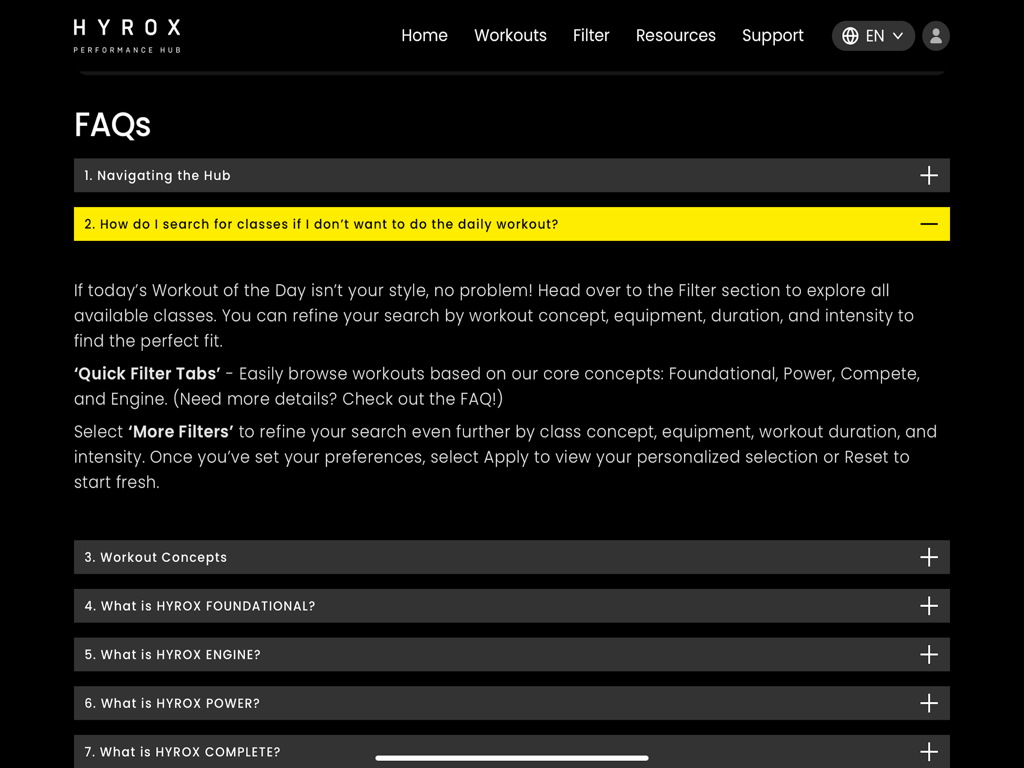 FAQ page of the HYROX Performance Hub app explaining how to search and filter workouts
