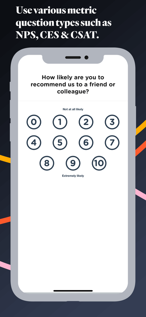 Surveyapp - Smiley Surveys - Schermata del telefono cellulare che mostra una domanda di sondaggio Net Promoter Score con una scala di valutazione numerica da zero a dieci.