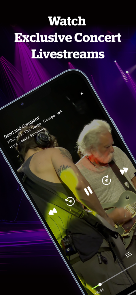 nugs app displaying a live concert video of Dead and Company performing on stage