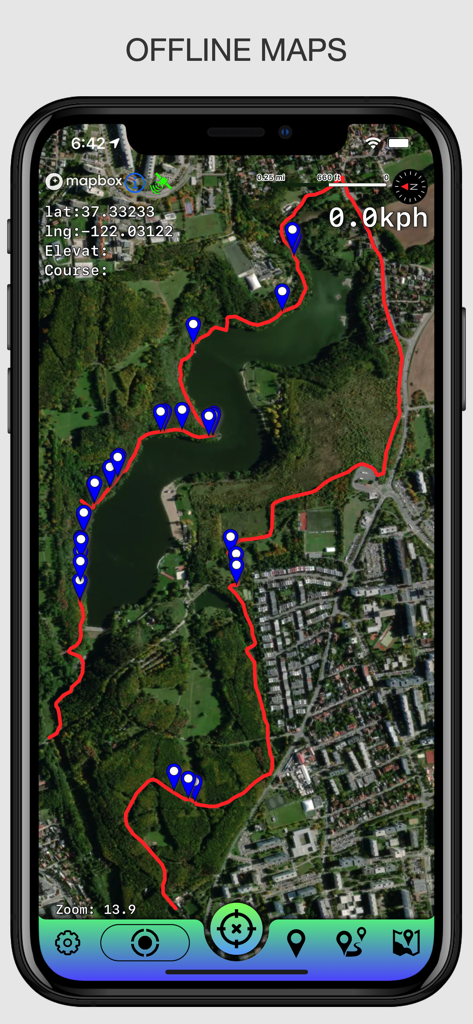 Offline Maps: GPS Tracker GPX - Satellitenkartenansicht mit einer aufgezeichneten GPX-Route und Wegpunkten in der Offline Maps GPS Tracker App