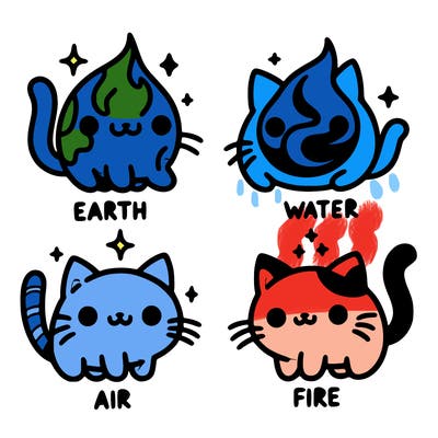 4 cats that represent the different elements, earth, water, air, and fire