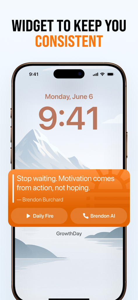 iPhone lock screen featuring a GrowthDay motivational widget with a quote by Brendon Burchard