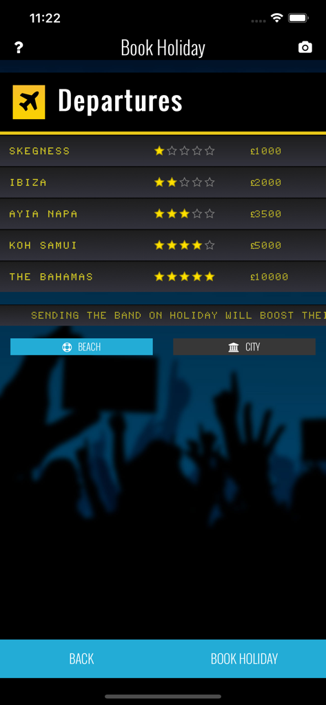 Superstar Band Manager - La pantalla de reserva de vacaciones en Superstar Band Manager que muestra destinos de viaje y precios para mejorar la moral de los miembros de la banda.