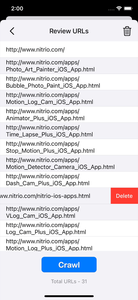 A mobile screen showing a list of website URLs with a crawl button and an option to delete specific links before image extraction
