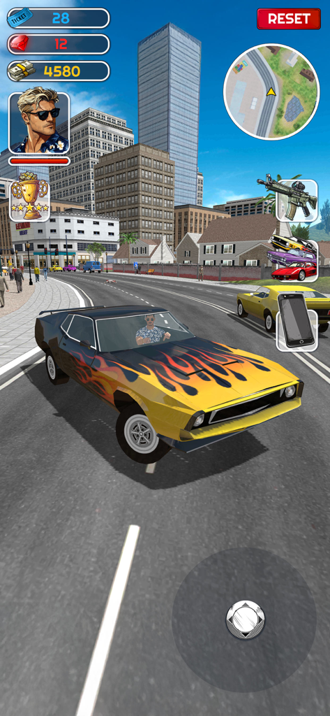 A yellow muscle car with black flame decals driving through a city in the Gangster Life mobile game