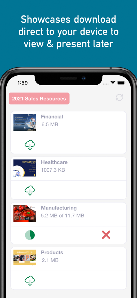 Showcase Workshop - A smartphone screen showing sales presentations being downloaded for offline viewing within the Showcase Workshop app
