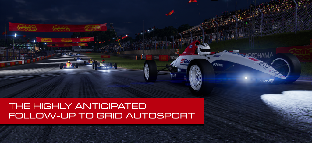 GRID™ Legends: Deluxe Edition - Um grupo de carros de corrida estilo fórmula competindo em uma pista iluminada à noite em GRID Legends.