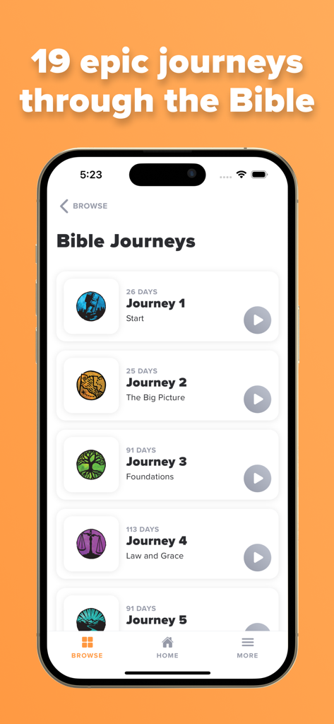 Through the Word - 다양한 성경 학습 여정을 보여주는 말씀으로 모바일 앱 인터페이스