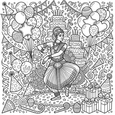 Immerse yourself in a festive scene combining the elegance of Bharatanatyam dance with the joyful chaos of a birthday party. This unique coloring page offers intricate details for hours of creative relaxation.