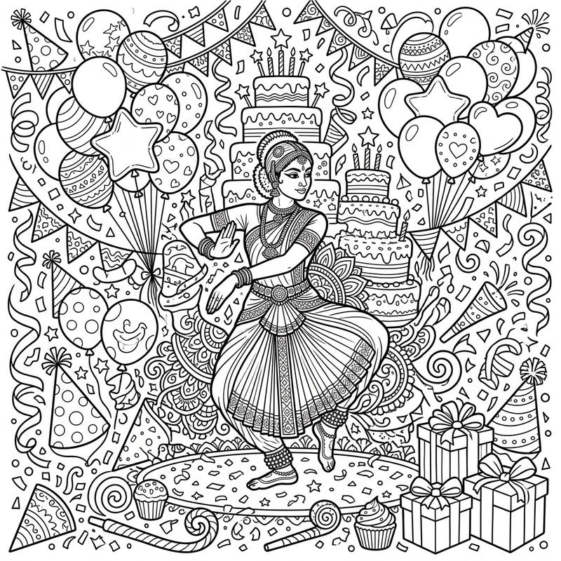 Immerse yourself in a festive scene combining the elegance of Bharatanatyam dance with the joyful chaos of a birthday party. This unique coloring page offers intricate details for hours of creative relaxation.