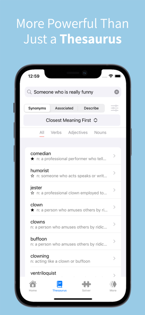OneLook Thesaurus - The OneLook Thesaurus interface showing synonym search results for the phrase someone who is really funny.