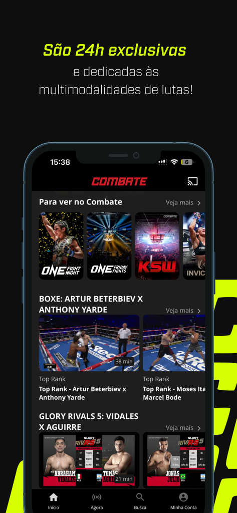 Combate Play - A interface do aplicativo Combate Play mostrando um catálogo de eventos de MMA, boxe e kickboxing.