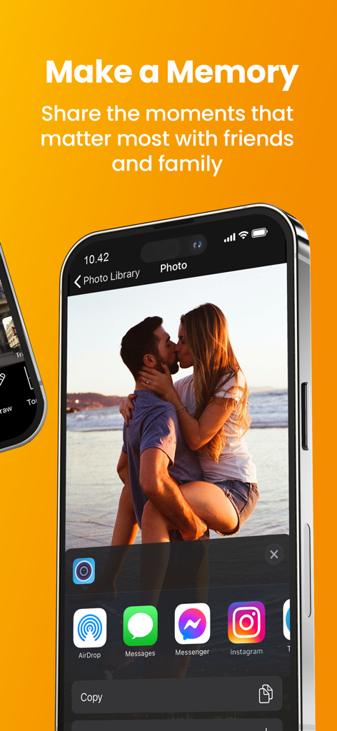 ProCam – Sony Camera Remote - Interfaz de iPhone de la aplicación ProCam mostrando opciones de compartición en redes sociales para una foto de playa