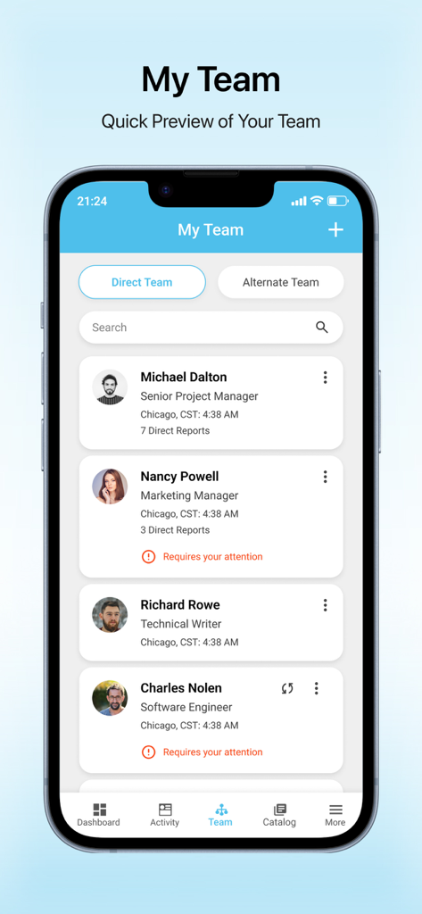 Cornerstone Saba App-Oberfläche, die eine Manageransicht von Teammitgliedern mit Statusaktualisierungen und Leistungsalarmen zeigt