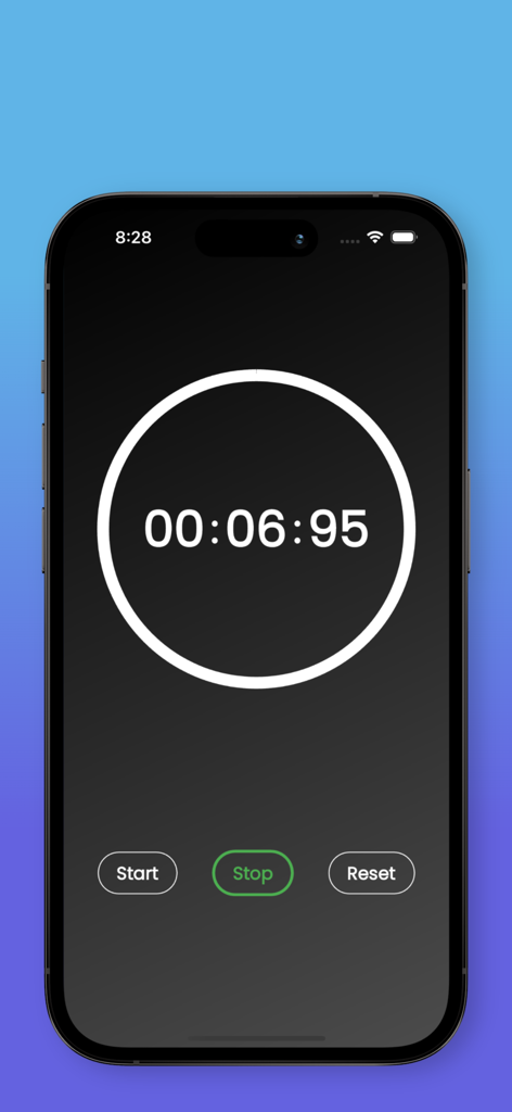 Stop Watch : Timer - Aplicación de cronómetro que muestra un temporizador digital con precisión de milisegundos en una interfaz minimalista oscura con botones de inicio, parada y reinicio