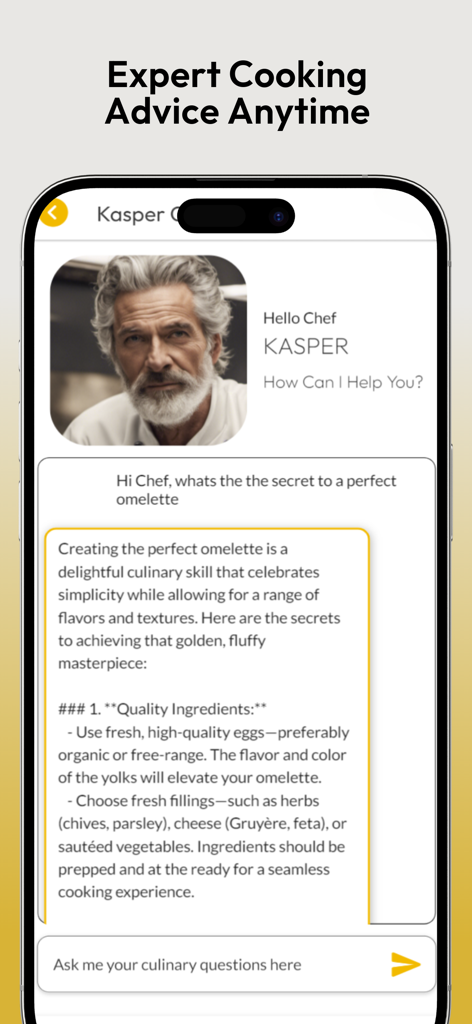 Kasper AI Master Private Chef - Interfaz de chat de Kasper AI que brinda asesoramiento culinario experto sobre cómo hacer una tortilla perfecta.