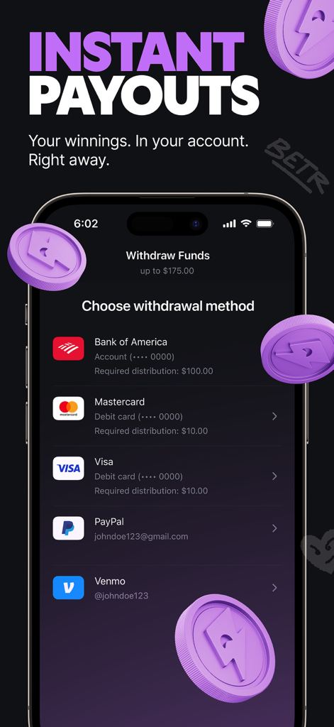 Betr app interface showing withdrawal options for instant payouts using PayPal Venmo and bank cards.
