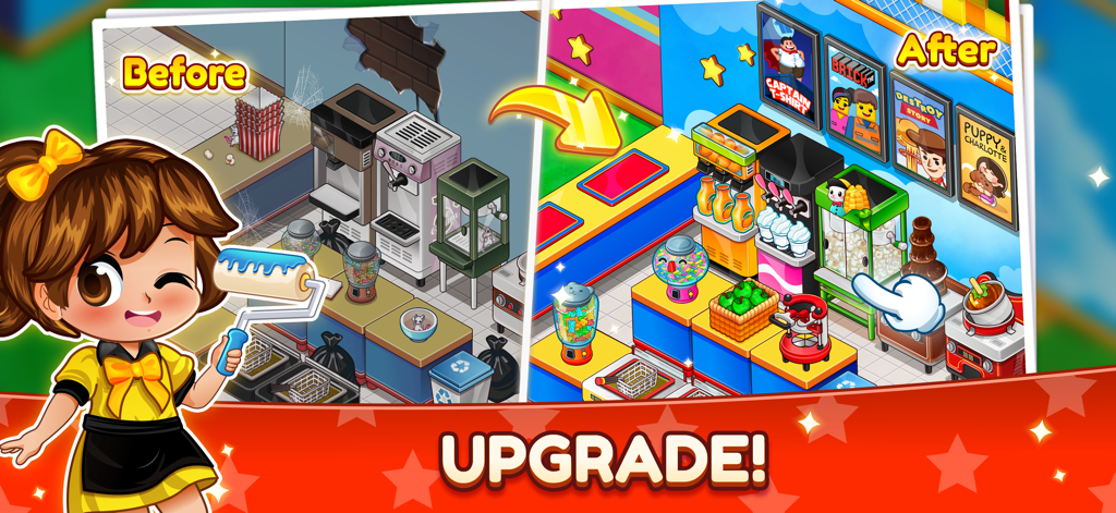 Cinema Panic 3: Cooking Game - 映画館のスナックバーの改修と設備アップグレードのビフォーアフター比較