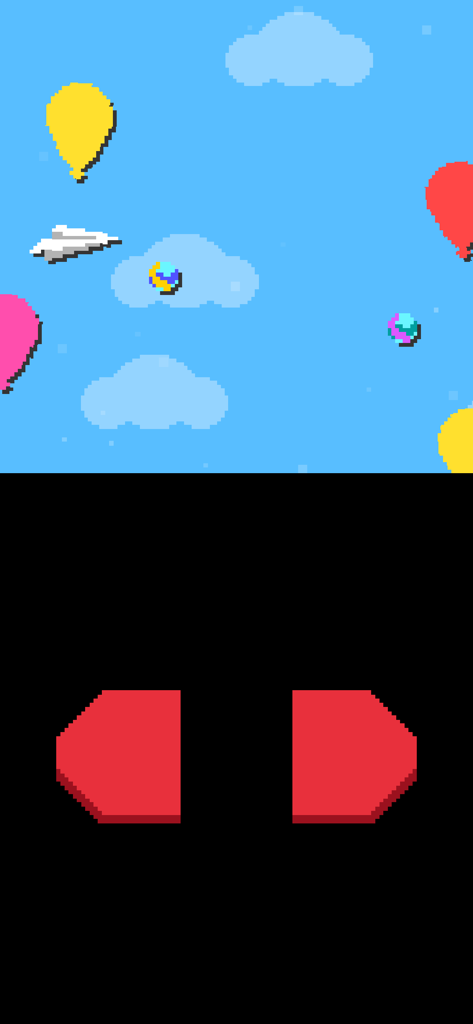 pureya - Pixel art minigame in pureya featuring a paper plane flying through balloons and clouds with two-button controls.