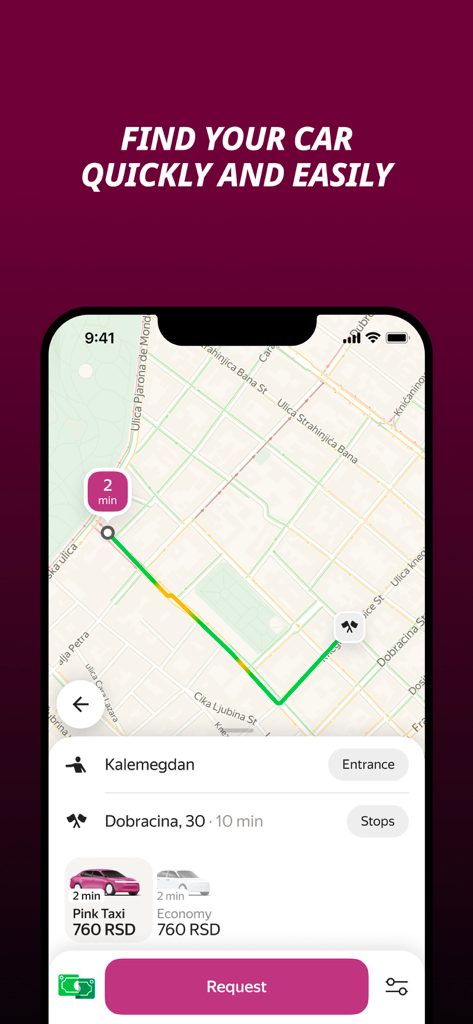 Pink Taxi Nova - Pink Taxi Nova app interface showing a map route and ride request options with transparent pricing