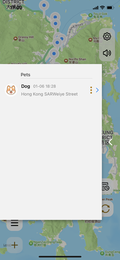 myTag.world - Interfaz de mapa de la aplicación myTag mostrando la ubicación de un rastreador de mascotas para un perro en Weiye Street