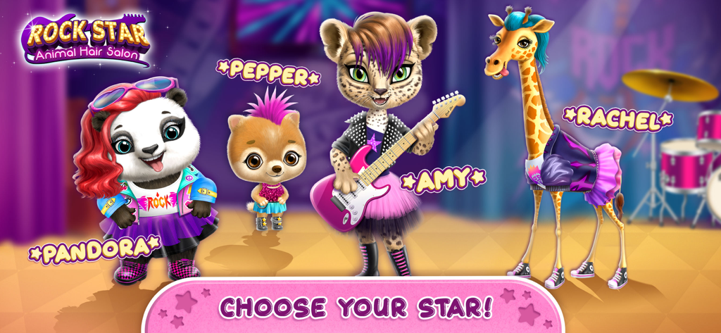 Character selection screen featuring panda Pandora, puppy Pepper, leopard Amy, and giraffe Rachel in rock star outfits.