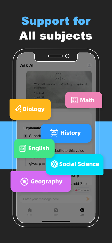Quiz AI: Homework Helper - A smartphone showing the Quiz AI app interface with colorful labels for Math Biology History English Social Science and Geography subjects over an AI solved homework problem.