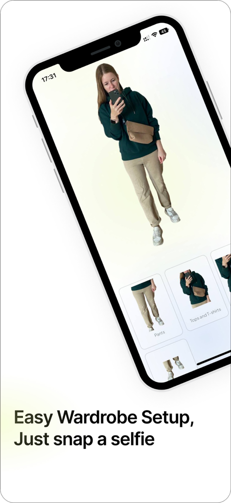 A smartphone screen showing Sparkly app identifying clothes from a mirror selfie to build a digital wardrobe