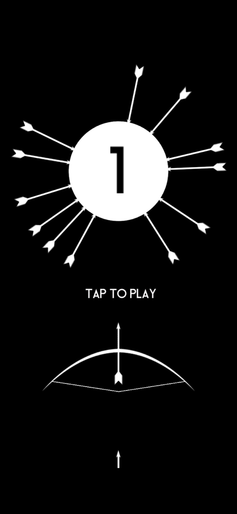 Twisty Arrow: Bow Game - 黒い背景に矢と弓、ターゲットの円が表示されたTwisty Arrow Bow Gameのミニマリストなゲームインターフェース