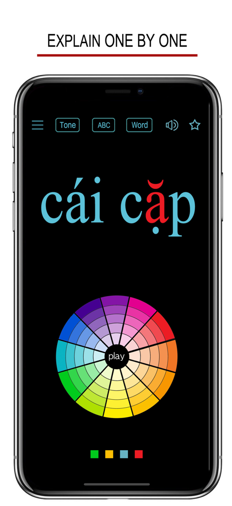 ベトナム語の単語学習画面。筆順ごとの解説のためのカラフルなインタラクティブルーレットが表示されています。