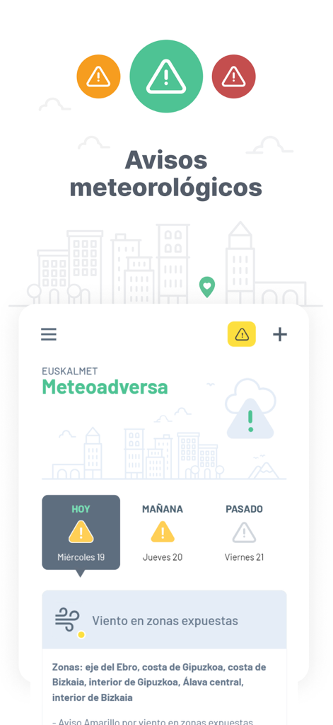 Pantalla de smartphone mostrando alertas meteorológicas y avisos oficiales en la aplicación Euskalmet para el País Vasco.